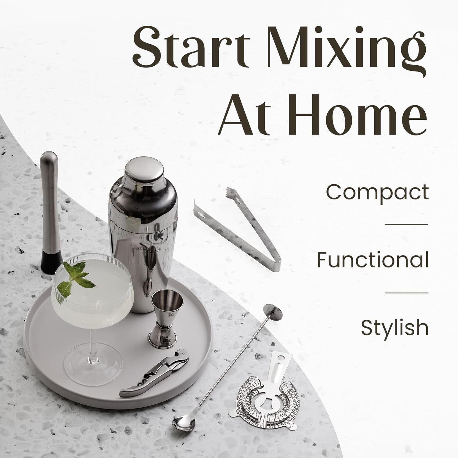 Bartender Kit – 15 Piece Cocktail Shaker Set with Bamboo Stand | Complete Cocktail Kit Gift Set | Top Bartender Gifts for Men & Women | Exclusive Recipe Cards (Silver)