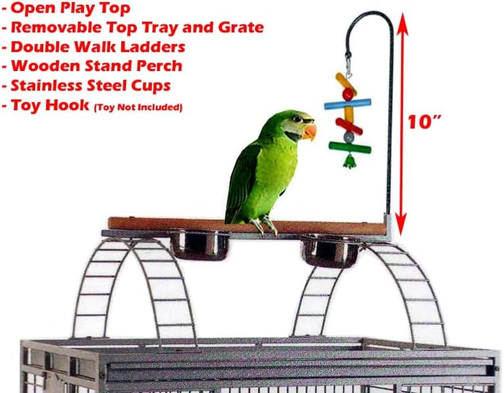 Extra Large Rolling Parrot Cage with Playtop for Macaws, Cockatoos, African Greys, and Amazons (32" L x 23" W x 66" H, Whitevein)
