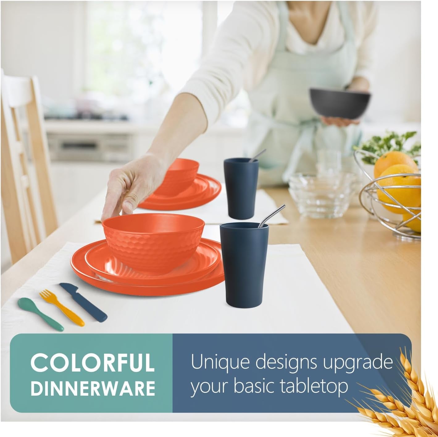 88-Piece Durable Wheat Straw Dinnerware Set for 8 with Multicolor Fall Design, Includes Plates, Bowls, Cups, and Flatware, Dishwasher Safe, Perfect for RV Use