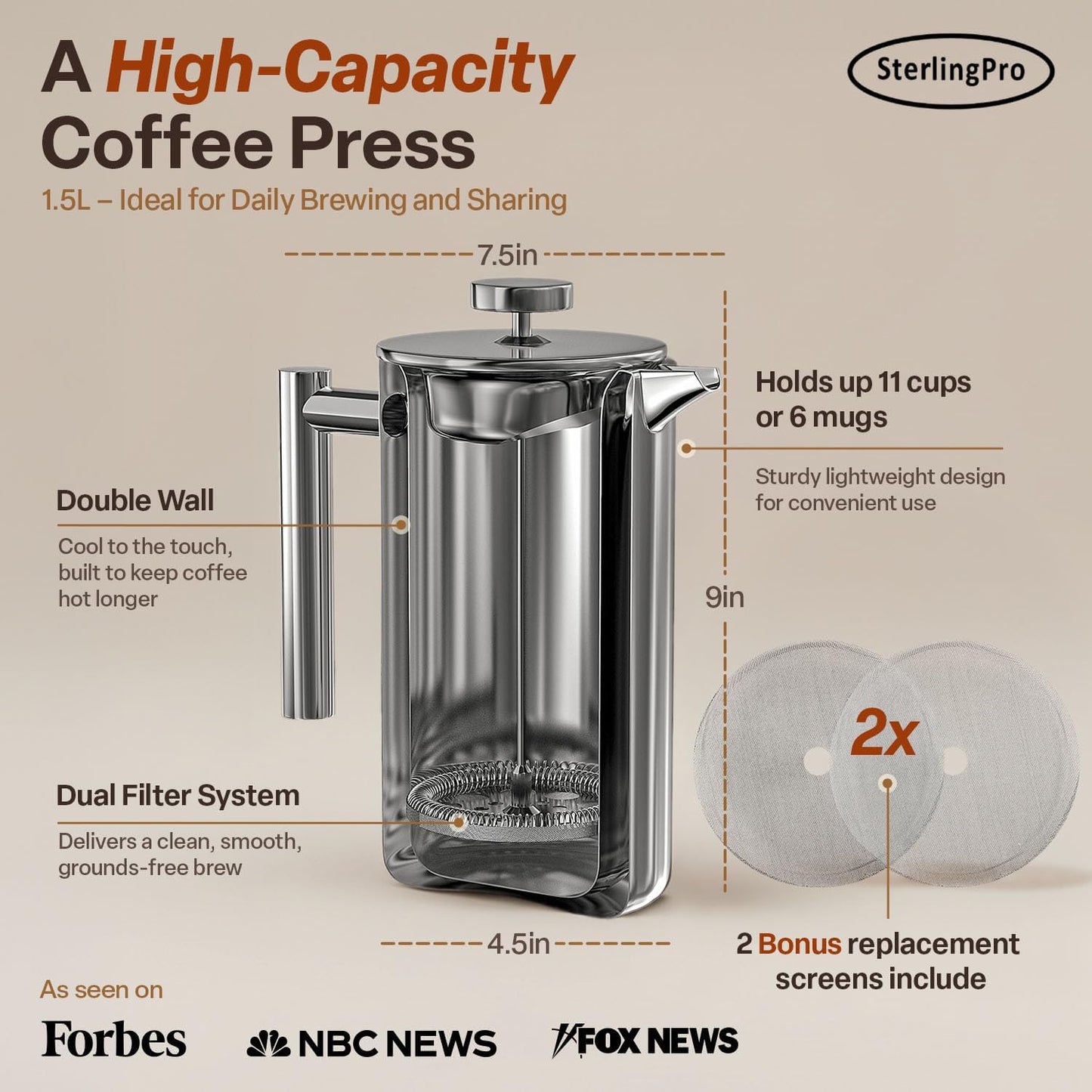Stainless Steel French Press Coffee Maker Large 1.5 L(51 Oz) Mirror – Durable Double Walled Insulated Coffee Press Keeps Drinks Hot, Easy to Use and Clean Stylish Design for Rich Flavor