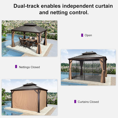 10' X 12' Hardtop Gazebo Canopy for Patio Deck Backyard Heavy Duty outside Sunshade with Netting and Curtains Outdoor Permanent Metal Pavilion