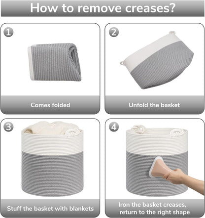 Cotton Rope Storage Basket - 15 x 14.2 Inches - Multi-Purpose Organizer for Baby Laundry and Toys with Handles - Elegant Grey Woven Design for Home Décor and Living Room Organization