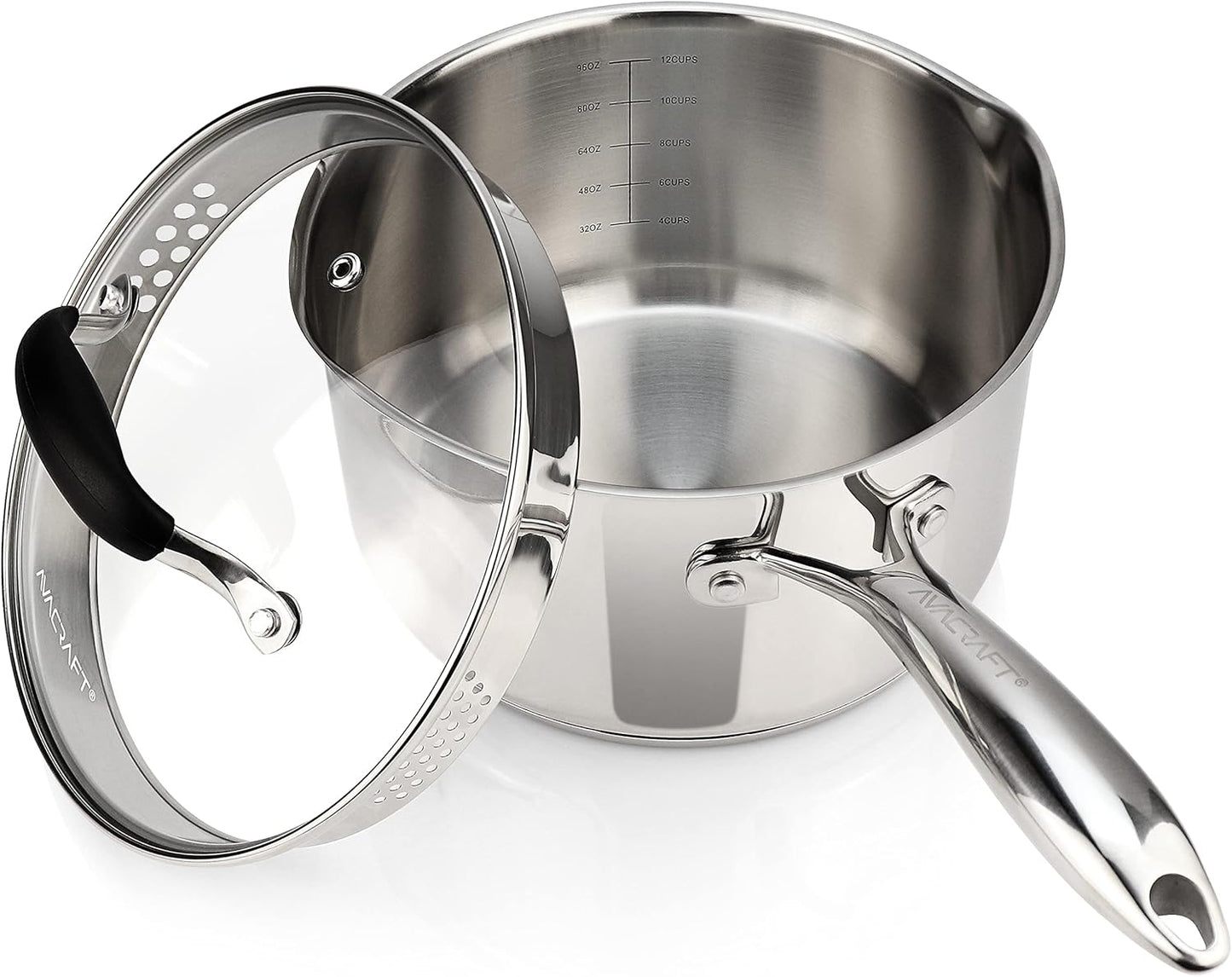 Stainless Steel Saucepan with Glass Strainer Lid, Two Side Spouts for Easy Pour with Ergonomic Handle, Multipurpose Sauce Pot (5-Ply Capsule Bottom, 3.5 Quart)