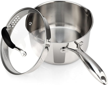 Stainless Steel Saucepan with Glass Strainer Lid, Two Side Spouts for Easy Pour with Ergonomic Handle, Multipurpose Sauce Pot (5-Ply Capsule Bottom, 3.5 Quart)