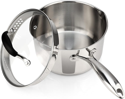 Stainless Steel Saucepan with Glass Strainer Lid, Two Side Spouts for Easy Pour with Ergonomic Handle, Multipurpose Sauce Pot (5-Ply Capsule Bottom, 3.5 Quart)