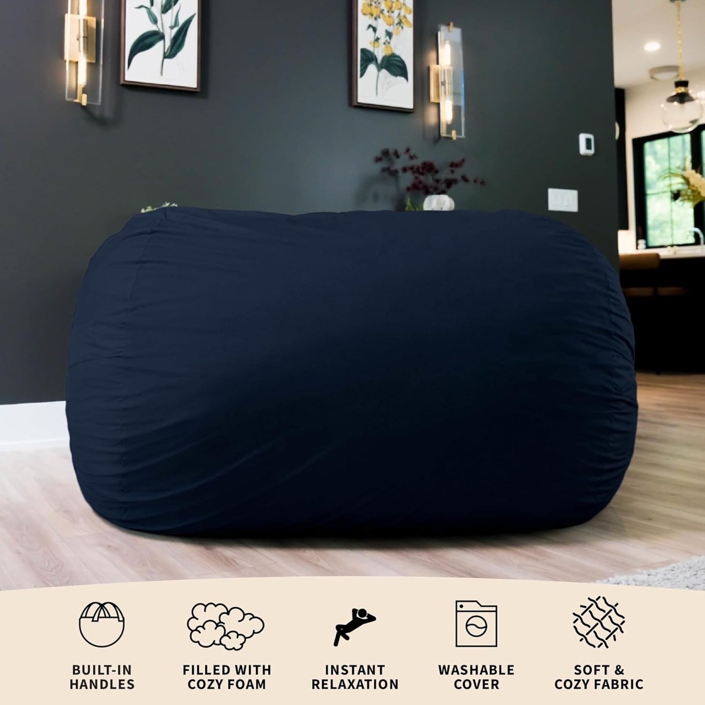 Fuf 6.5-Foot Foam Bean Bag Chair for Kids and Families, Perfect for Living Spaces and Basements, Cobalt Lenox, Durable Woven Polyester Construction