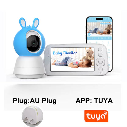 2K 4MP Tuya Smart Baby Monitor with 5-Inch Portable Display, Remote App Control, Cry Detection, Auto Night Vision, and Nanny Features