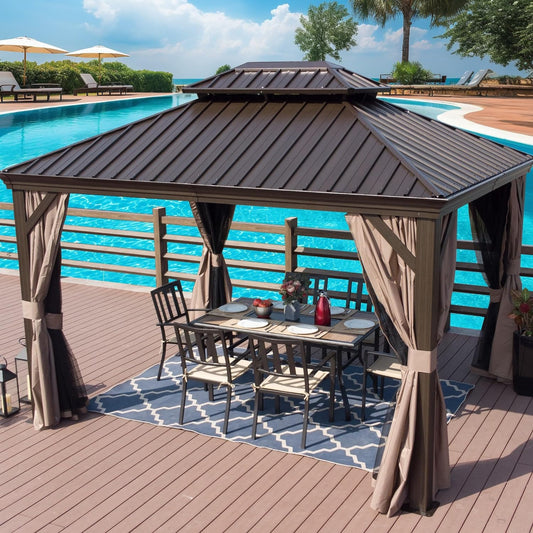 Alexander 10' X 12' Hardtop Gazebo, Aluminum Frame with Galvanized Steel Double Roof, Outdoor Permanent Pavilion with Curtains and Netting for Patio, Backyard, Deck, Lawn(Brown)