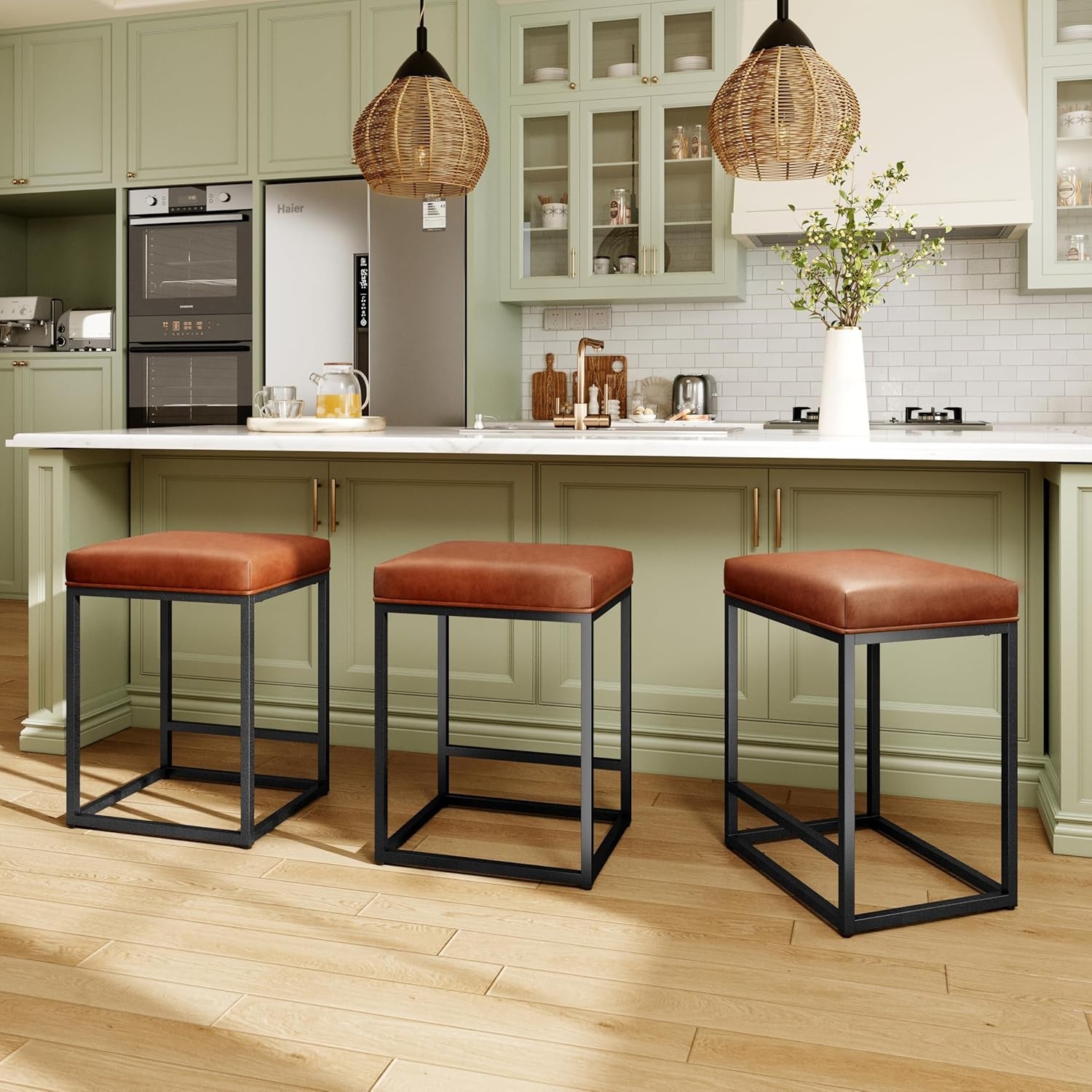 Set of 2 Modern 24" Backless Bar Stools for Kitchen Counter - Industrial Upholstered Faux Leather in Brown, Ideal for Farmhouse Islands