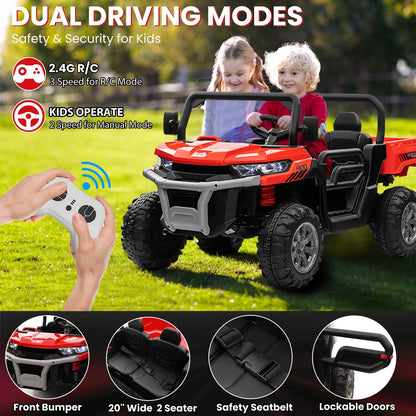 24 Volt Ride on Toys, 4WD Ride on Dump Truck for Kids, 2 Seater Ride on Car with Remote, Electric Power Car Wheels Toys with Trailer & Shovel, Mp3/Bluetooth Music, Red