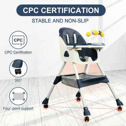 Adjustable 4-in-1 Baby Highchair and Convertible Toddler Dining Chair with 5-Point Safety Harness and Removable Dinner Plate, Blue