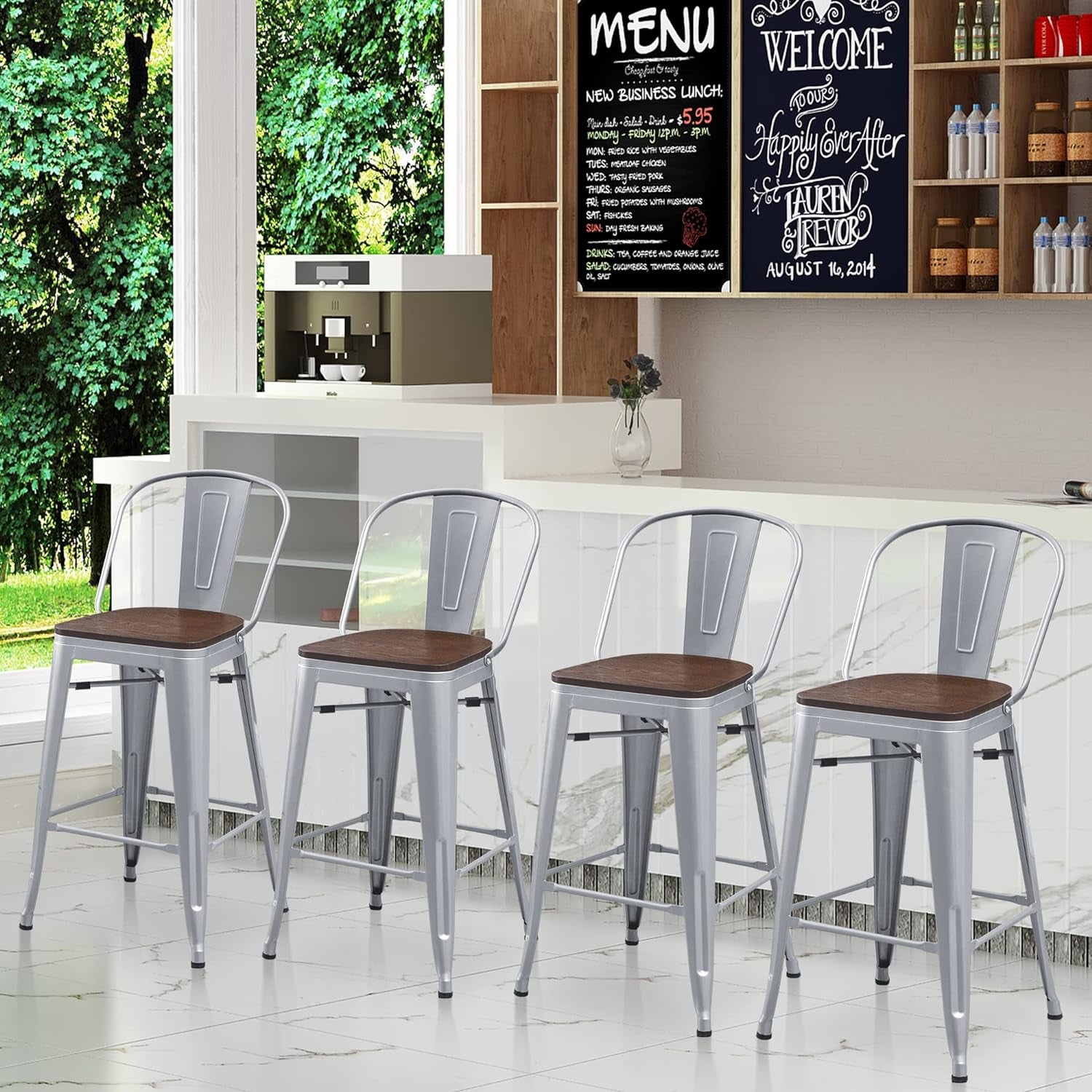 Set of 4 Metal Bar Stools, 24-Inch Counter Height with Backs, Farmhouse Design, Larger Seat, High Back Kitchen Dining Chairs, Modern Silver Bar Chairs