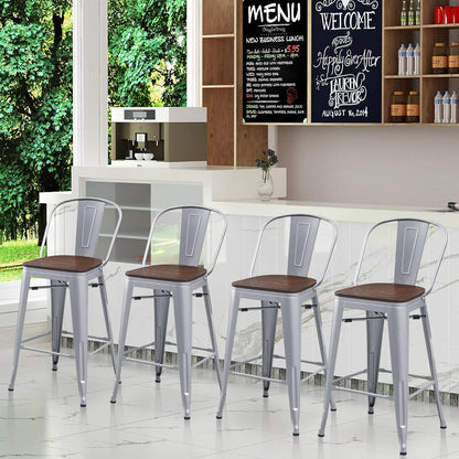 Set of 4 Metal Bar Stools, 24-Inch Counter Height with Backs, Farmhouse Design, Larger Seat, High Back Kitchen Dining Chairs, Modern Silver Bar Chairs