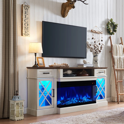 Farmhouse 3-Sided TV Stand with Electric Fireplace for 80" TVs, 70" Entertainment Center with Storage Drawers in Antique White