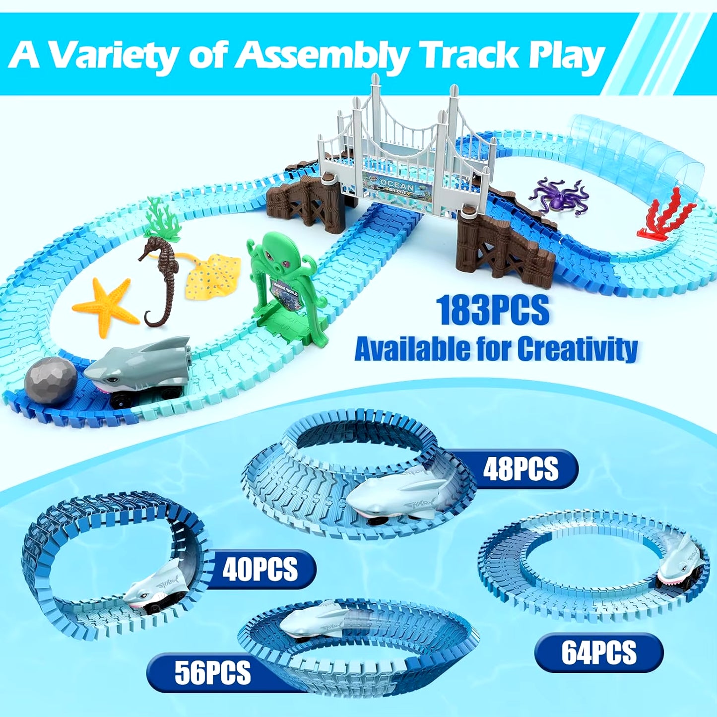 Shark-Inspired Flexible Race Car Track Set for Children Aged 3 and Above - Encouraging STEM Learning with Bendable Racetrack Vehicles