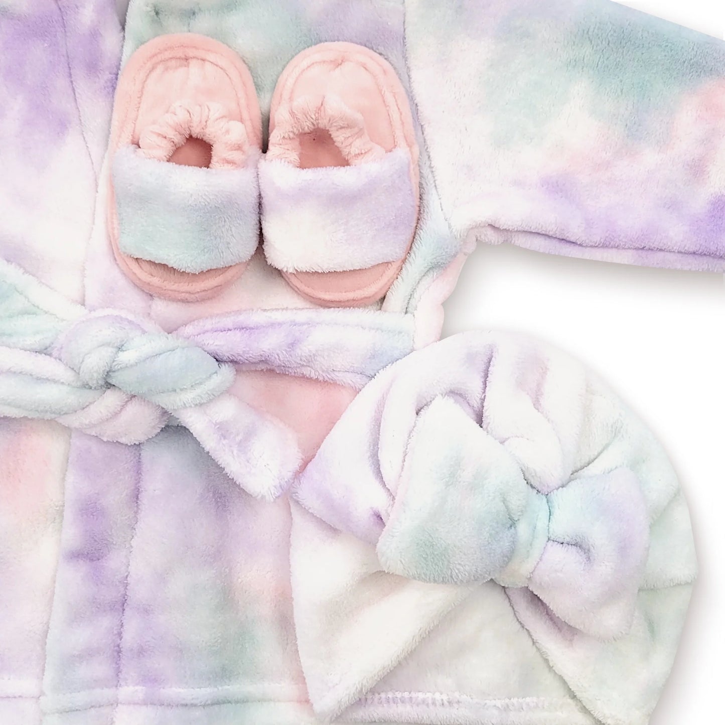 Infant Tie Dye Soft Plush Bathrobe Set with Coordinating Towel, Slippers, and Turban (12-24 Months)