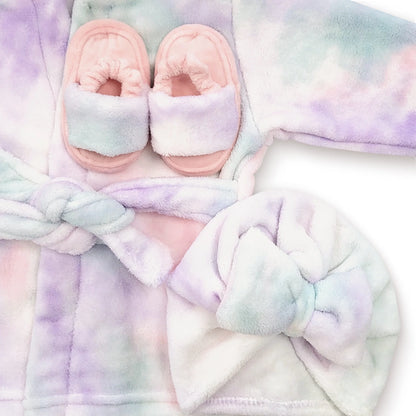 Infant Tie Dye Soft Plush Bathrobe Set with Coordinating Towel, Slippers, and Turban (12-24 Months)