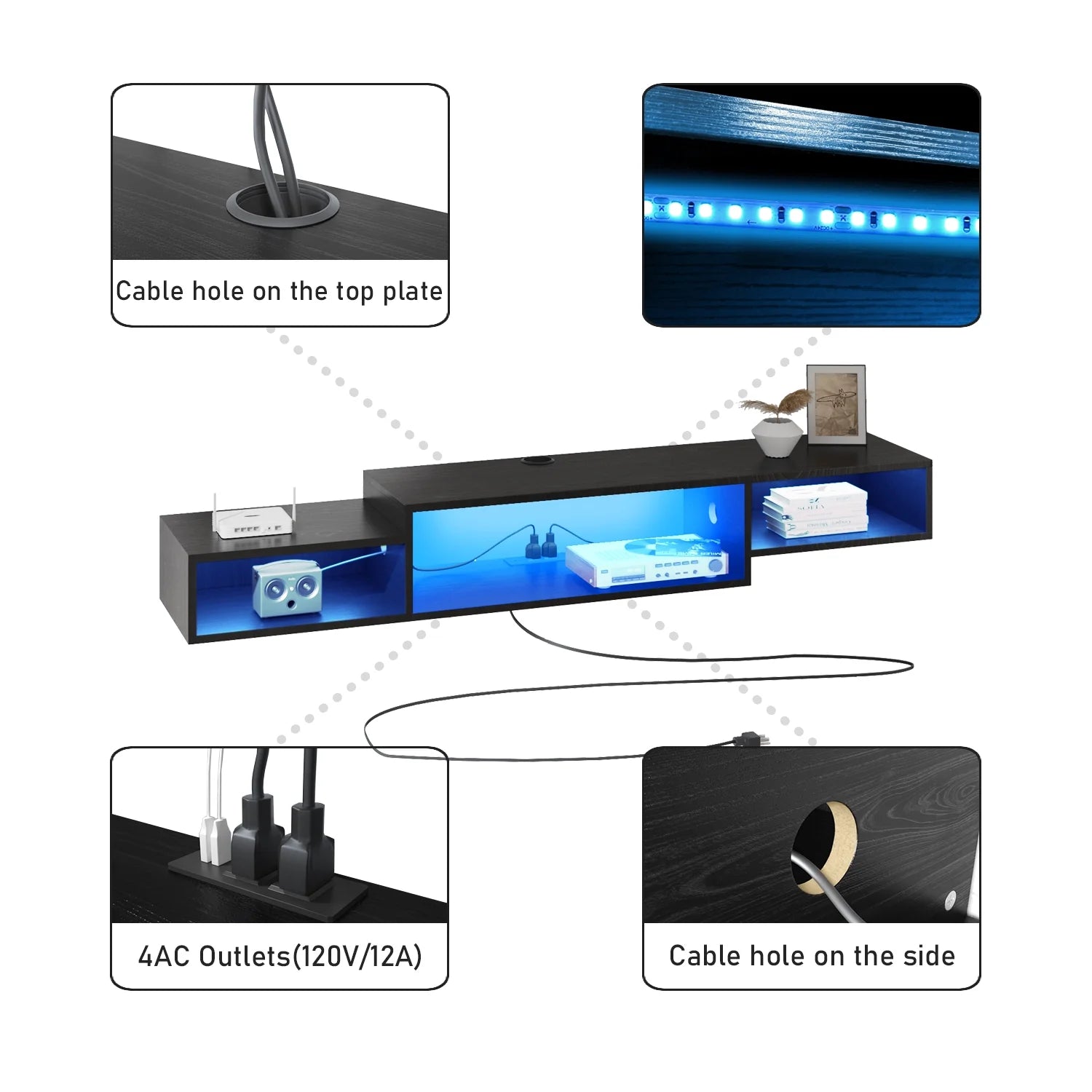 59" Floating TV Stand with LED Lights & Power Outlet for 60 Inch TV, Wall Mounted Media Console Entertainment Center, Black