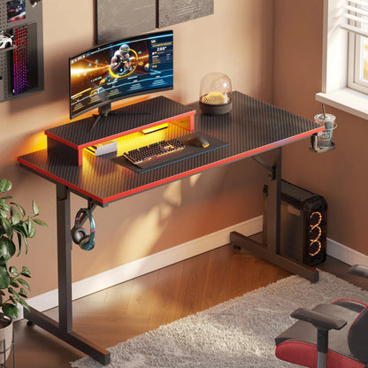 42-Inch Gaming Desk with LED Lighting and Monitor Stand in Red for PC and Office Use