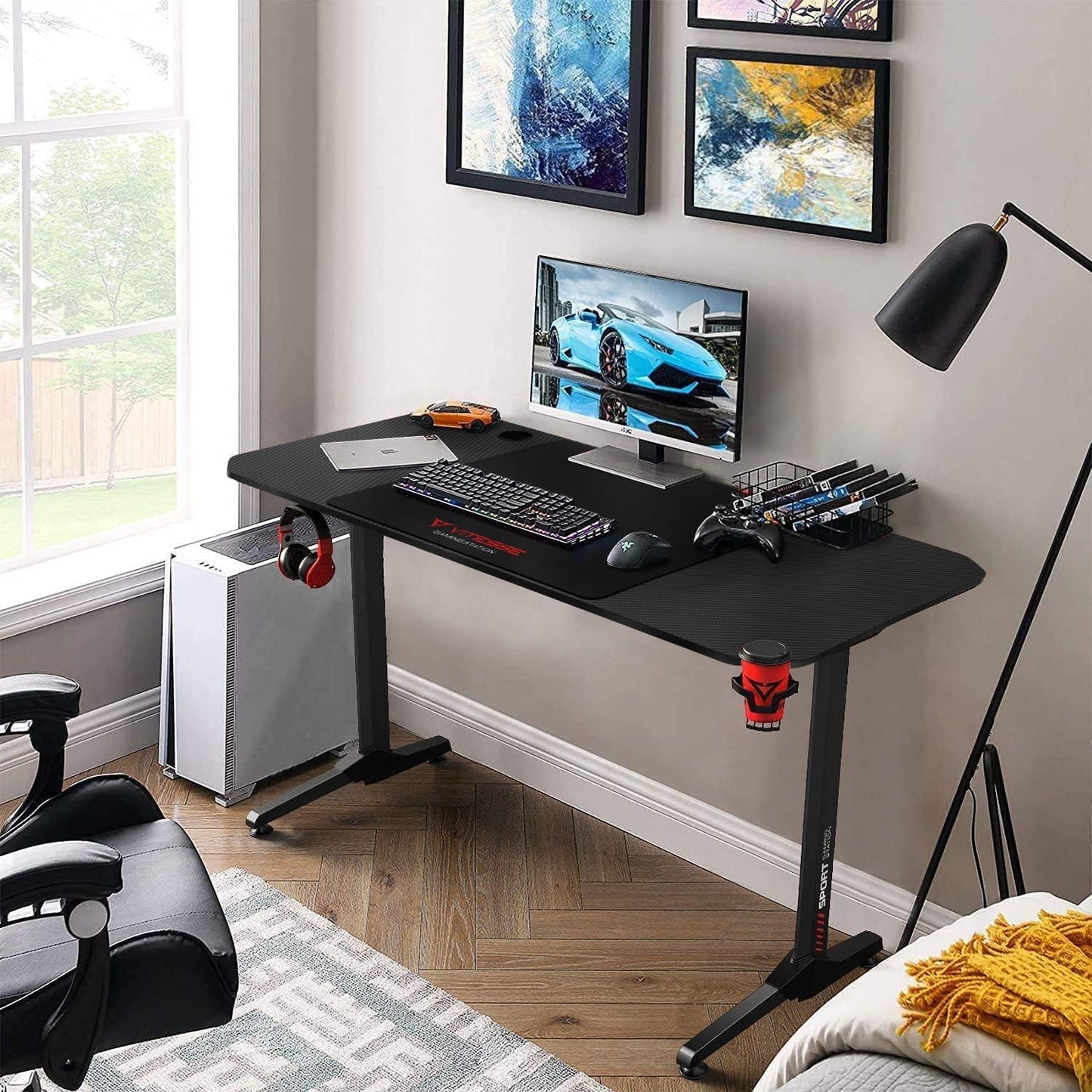 Ergonomic 55-Inch T-Shaped Gaming Desk with Mouse Pad, Gaming Handle Rack, Cup Holder, and Headphone Hook