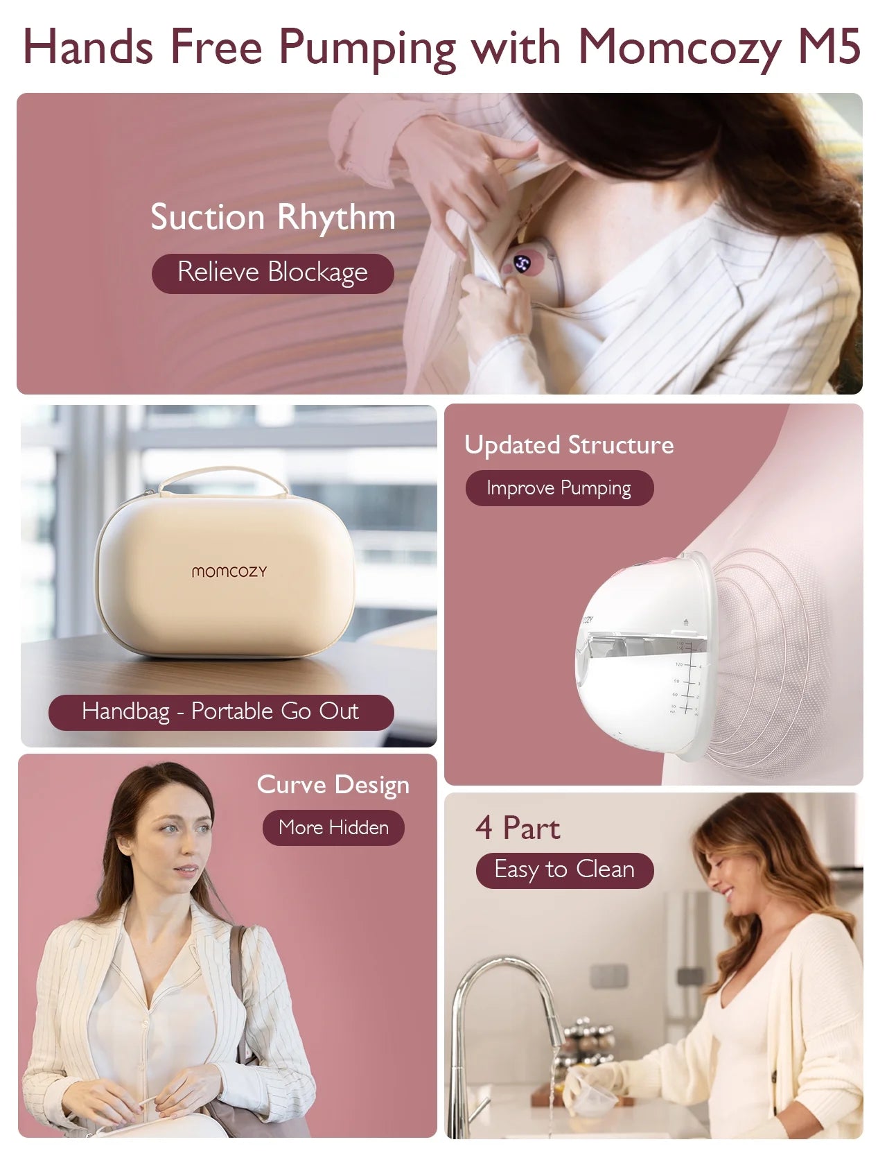 M5 Hands-Free Electric Breast Pump Set - 24mm, Pink, Pack of 2