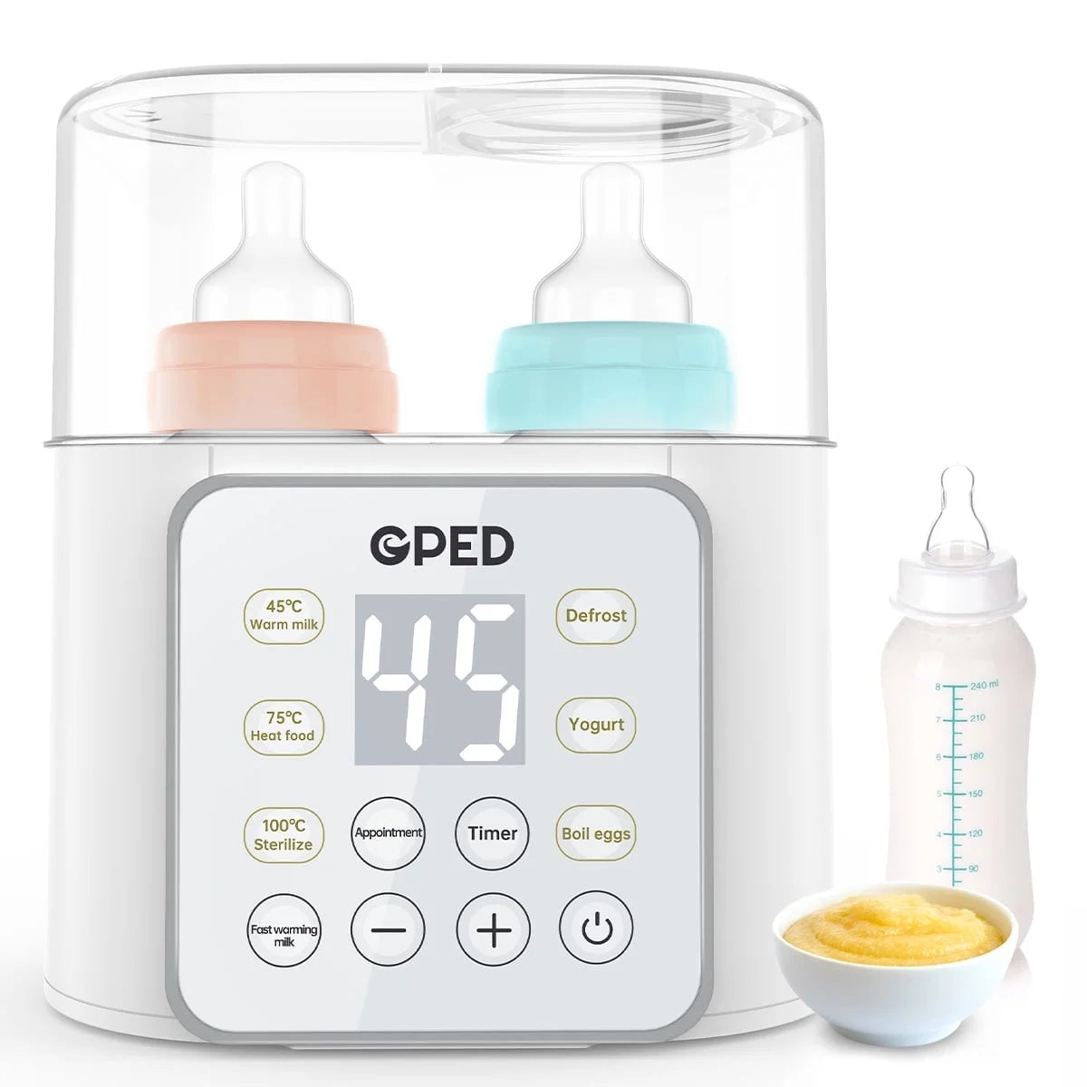 Multifunctional 9-in-1 Baby Bottle Warmer and Food Heater with Defrost Function, Dual Capacity, Programmable Timer, and 24-Hour Temperature Control for Breast Milk and Formula, BPA-Free with LCD Display