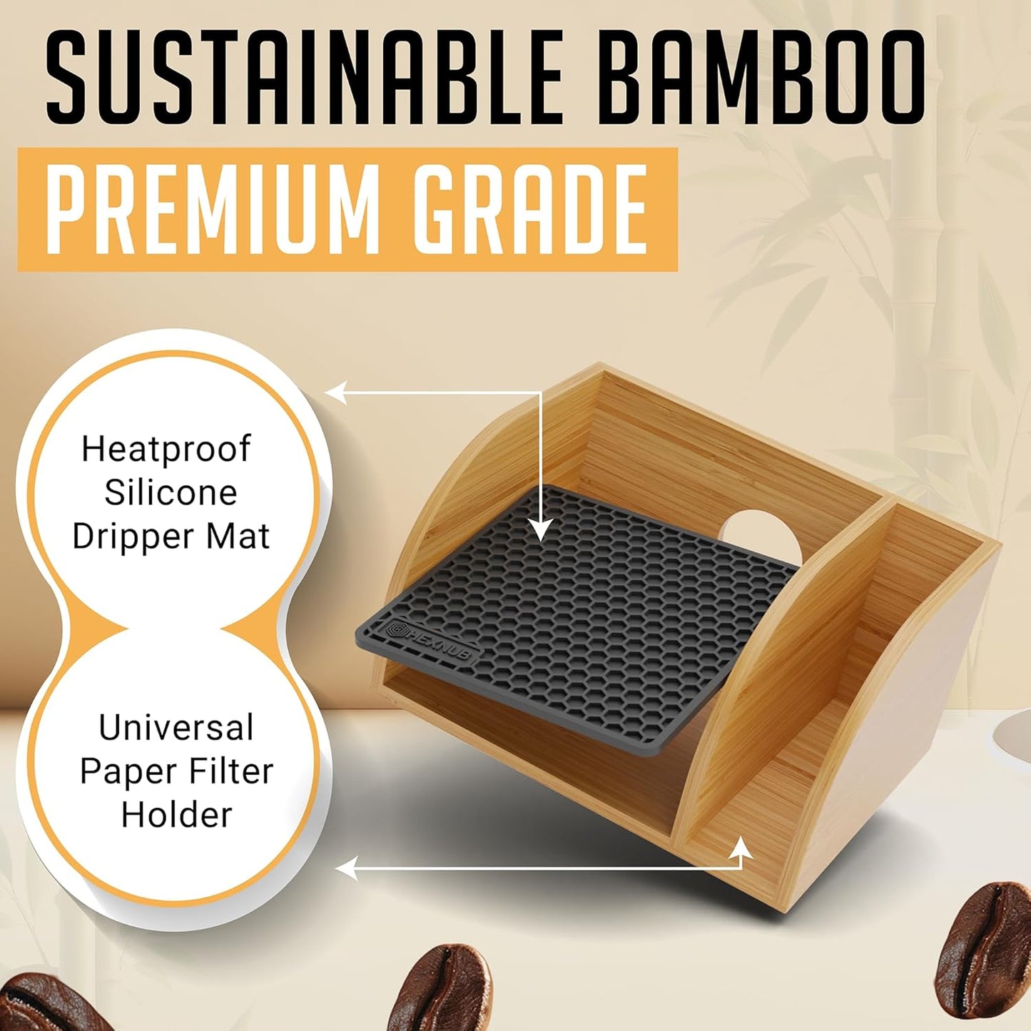 Caddy and Lid for Pour over Coffee Maker, Bamboo Stand Fits Chemex, Bodum, Cosori Coffee Carafes, Heatproof Mat, Filter Holder - Black Mat