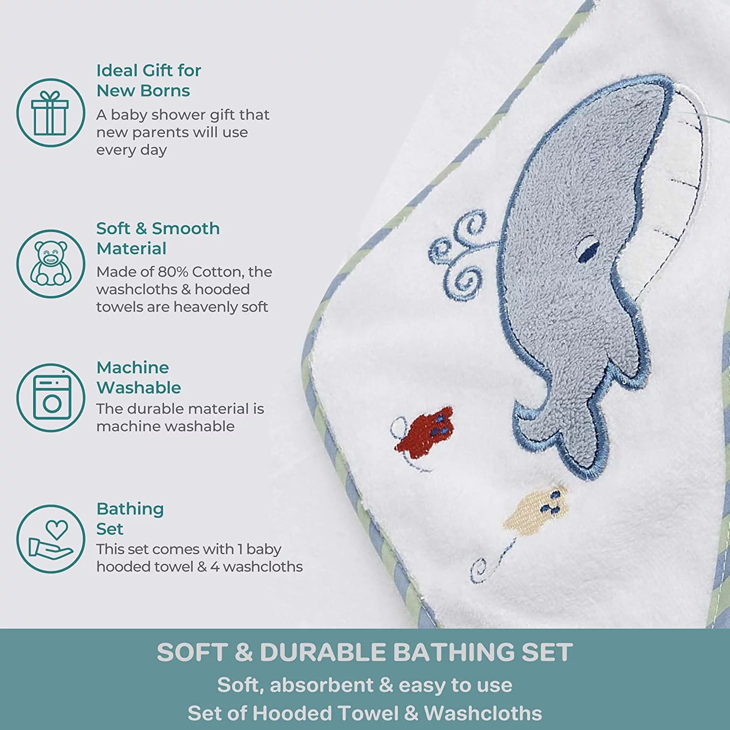 Infant Cotton Terry Hooded Towel and Washcloth Bath Set, 5-Piece, Blue Whale Theme