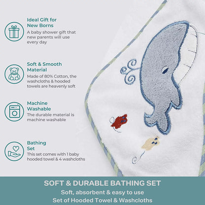 Infant Cotton Terry Hooded Towel and Washcloth Bath Set, 5-Piece, Blue Whale Theme