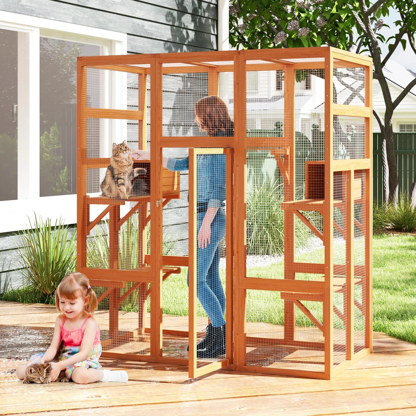 Large Wooden Cat Enclosure Catio Cat Cage Outdoor Pet House Small Animal Hutch, Orange