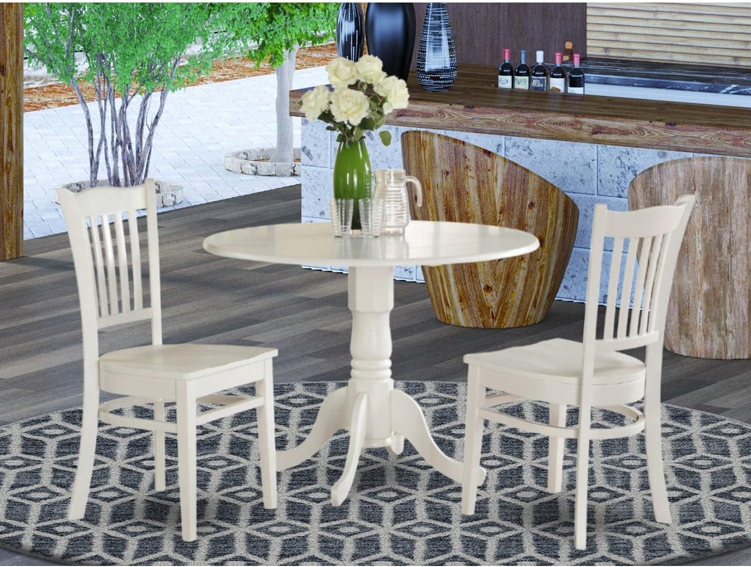 3-Piece Round Dining Table Set for Small Spaces, Featuring Dropleaf Table and 2 Wooden Chairs, 42x42 Inches, Linen White Finish