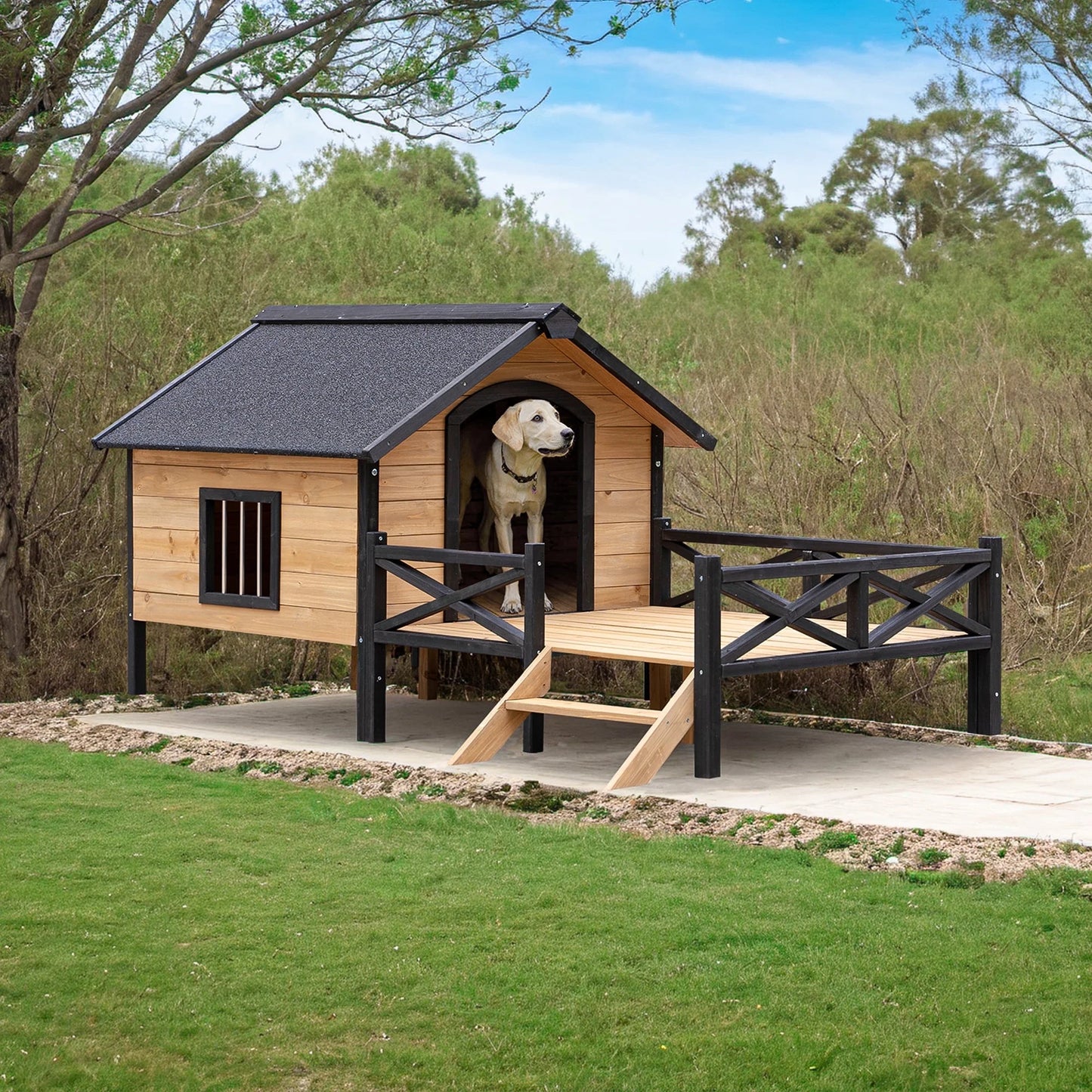 66" Outdoor Dog House, Large Wooden Dog Kennel with Porch, Cabin House Style Pet Houses for Cats, Brown