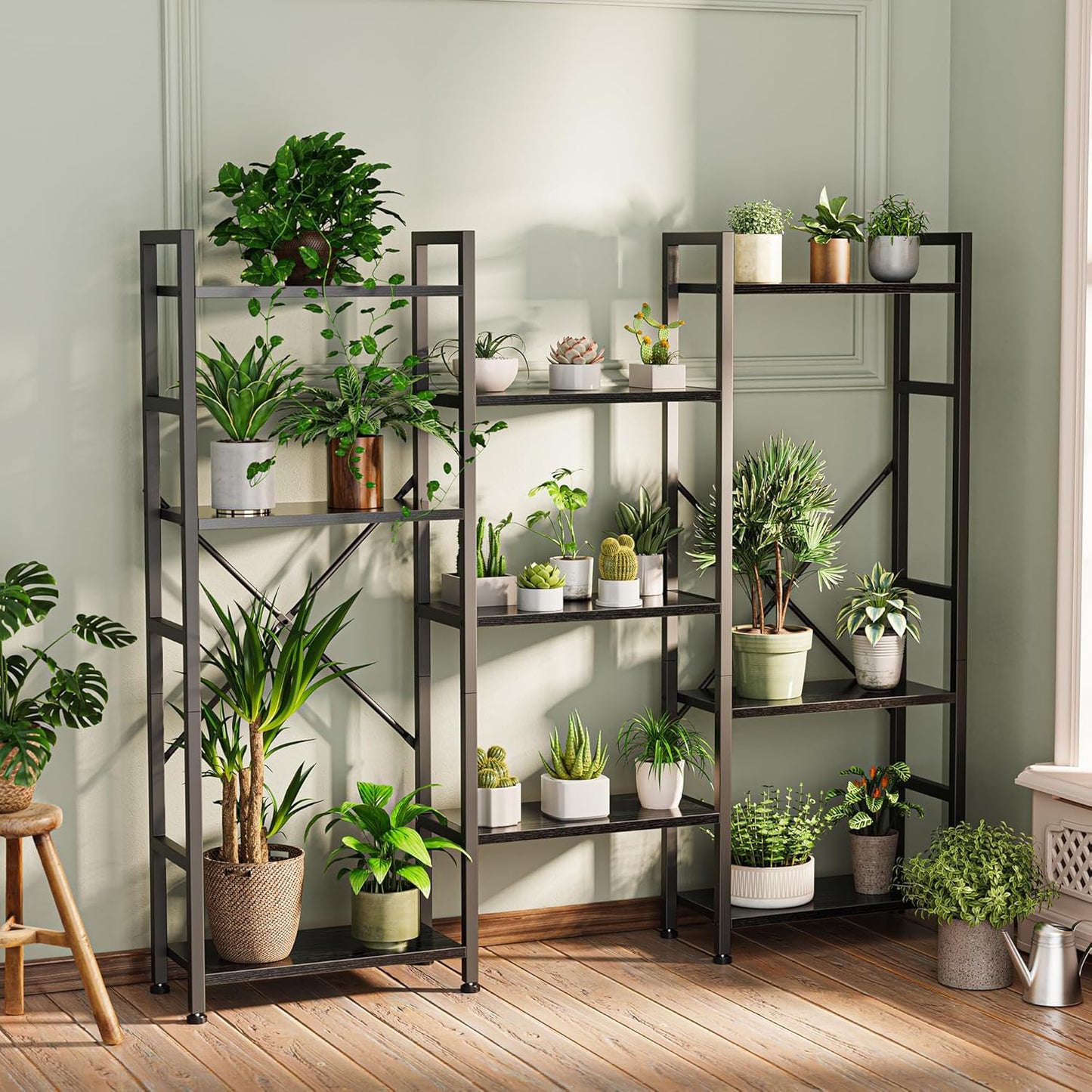 Triple 4-Tier Bookshelf with 11 Open Display Shelves - Wide Bookcase for Home and Office in Black