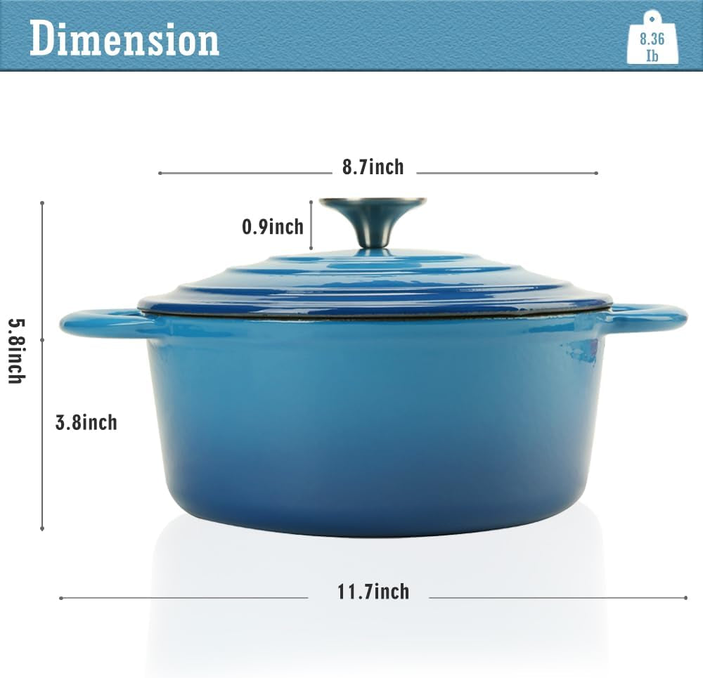 Enameled Cast Iron Dutch Oven with Lid, 3 Quart Heavy Duty Cookware Pot with Dual Handles for Bread Baking, Braising, Stews, Roasting and Oven Safe, Blue