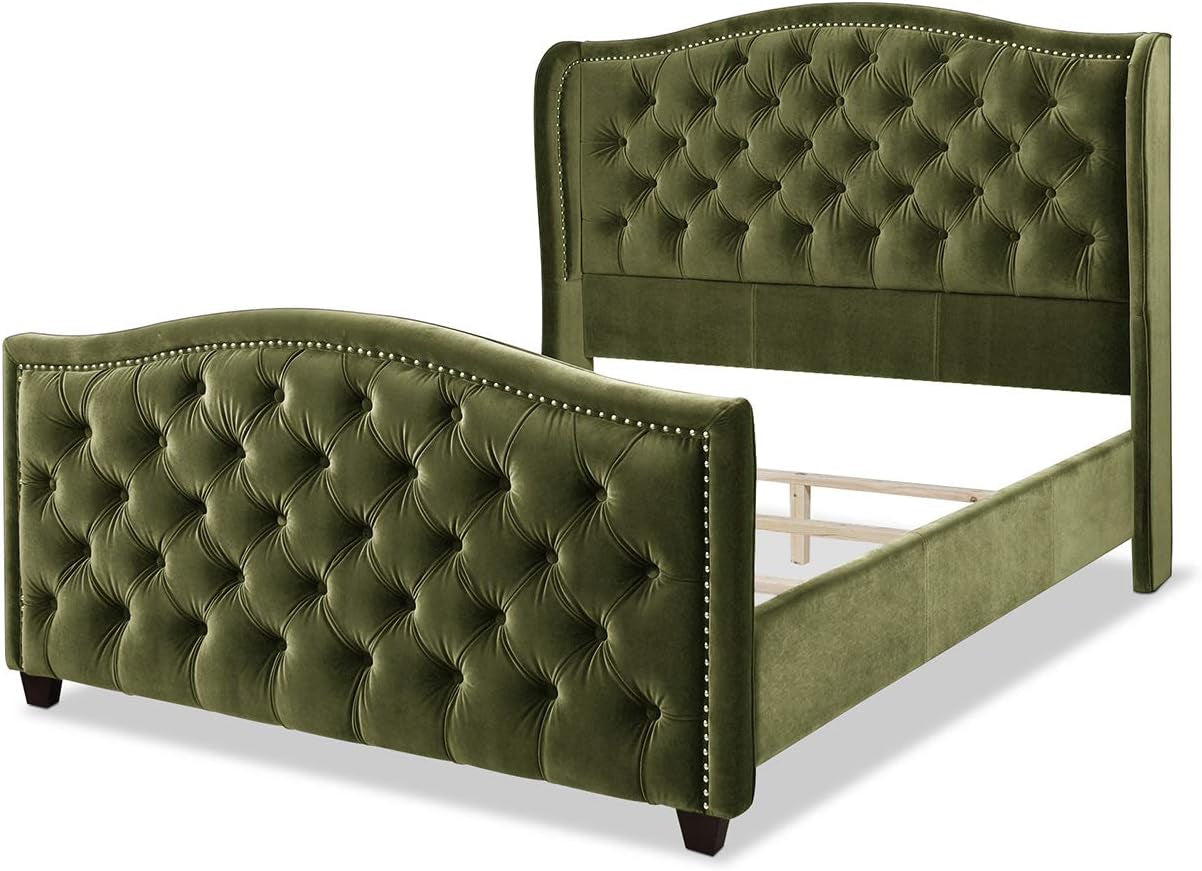 Marcella Queen Upholstered Shelter Headboard Bed Set in Olive Green Performance Velvet