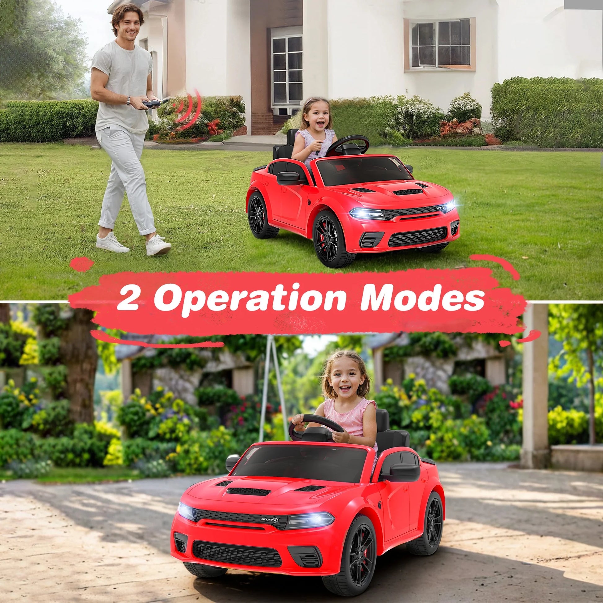Dodge Licensed 12V Electric Ride-On Charger SRT Hellcat for Kids with Parental Remote Control, Music Player, and LED Lights - Red