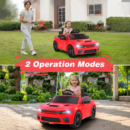 Dodge Licensed 12V Electric Ride-On Charger SRT Hellcat for Kids with Parental Remote Control, Music Player, and LED Lights - Red