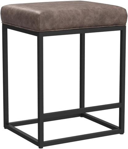 Set of 2 Modern 24" Backless Bar Stools for Kitchen Counter - Industrial Upholstered Faux Leather in Brown, Ideal for Farmhouse Islands