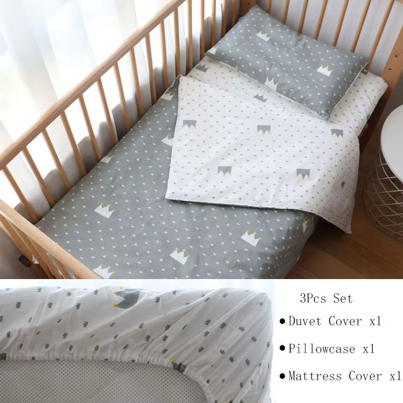 3-Piece Cotton Baby Crib Bedding Set for Boys and Girls, Includes Pillowcase, Sheet, and Duvet Cover, Ideal for Children's Room Decoration