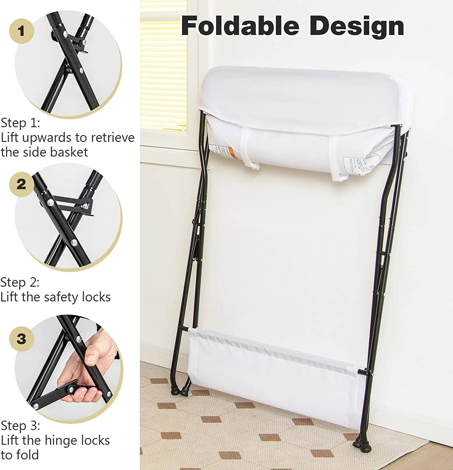 Portable Folding Baby Changing Table with Safety Belt and Spacious Storage Racks for Newborns and Infants (White)