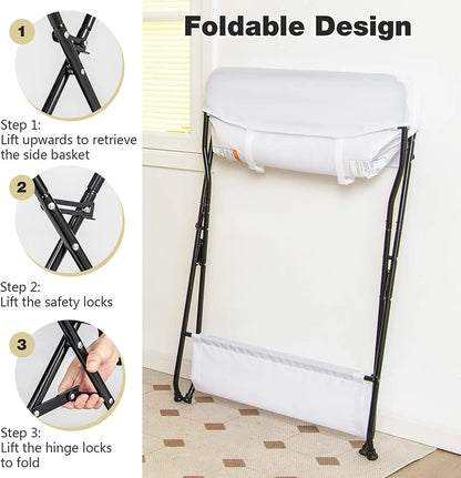 Portable Folding Baby Changing Table with Safety Belt and Spacious Storage Racks for Newborns and Infants (White)