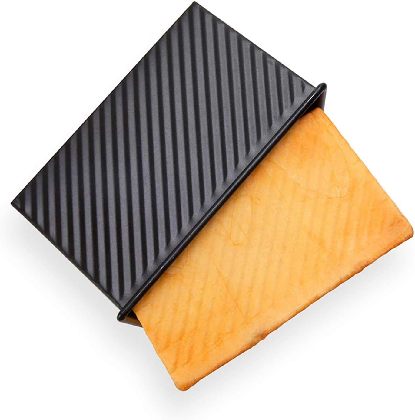Pullman Loaf Pan with Lid, 1Lb Dough Capacity Non-Stick Rectangle Corrugated Bread Pan, Carbon Steel Bakeware Toast Mold with Cover for Baking Bread - Black