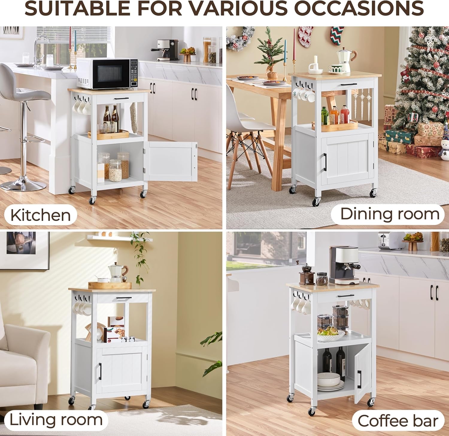 Rolling Kitchen Island Cart with Storage and Drawer, Features Wood Top and 6 Side Hooks, White Finish