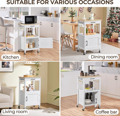 Rolling Kitchen Island Cart with Storage and Drawer, Features Wood Top and 6 Side Hooks, White Finish
