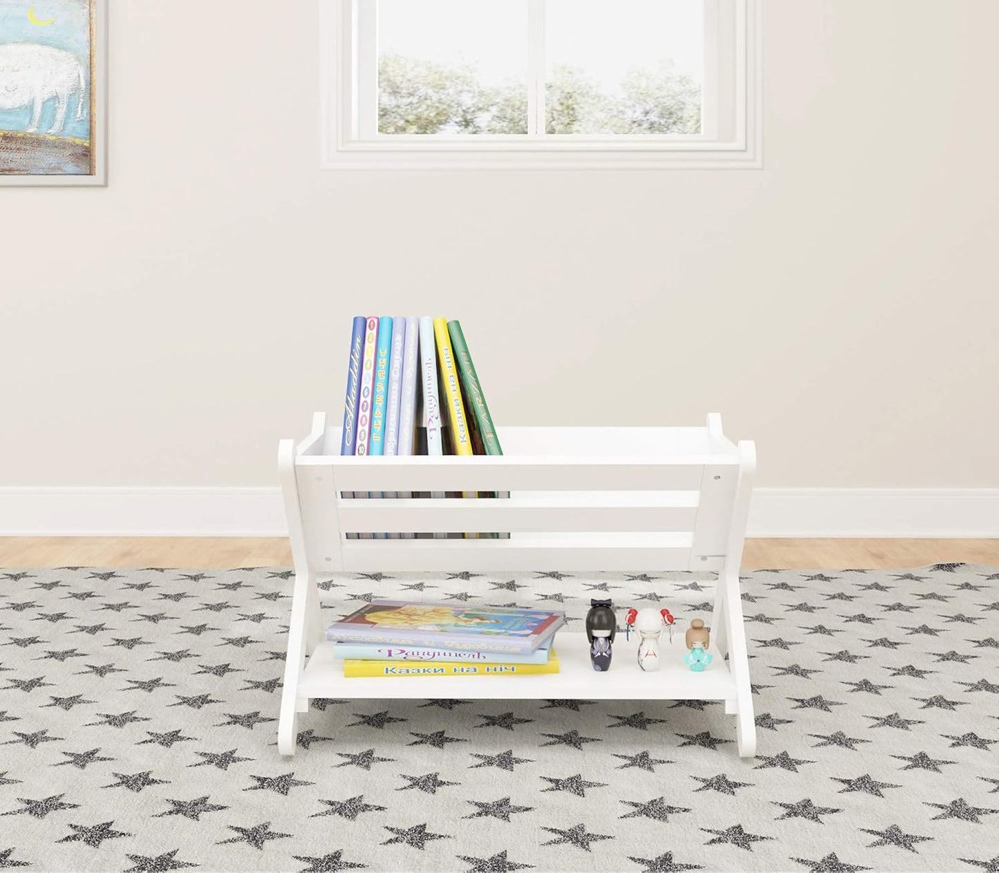 Children's Bookshelf with Caddy - Toddler Book Storage Organizer for Kids' Rooms, Nurseries, and Playrooms in White