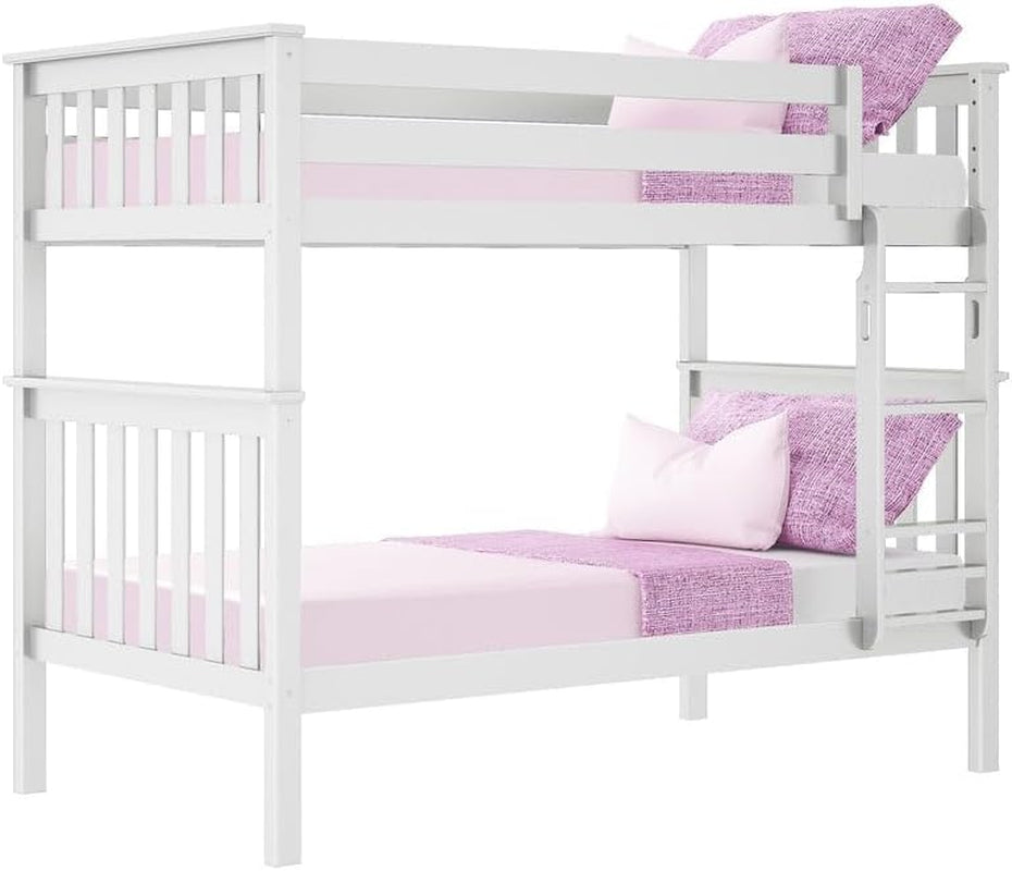 Twin Over Twin Solid Wood Bunk Bed Frame with Ladder and Safety Guardrails, Easy Assembly, No Box Spring Required, White Finish