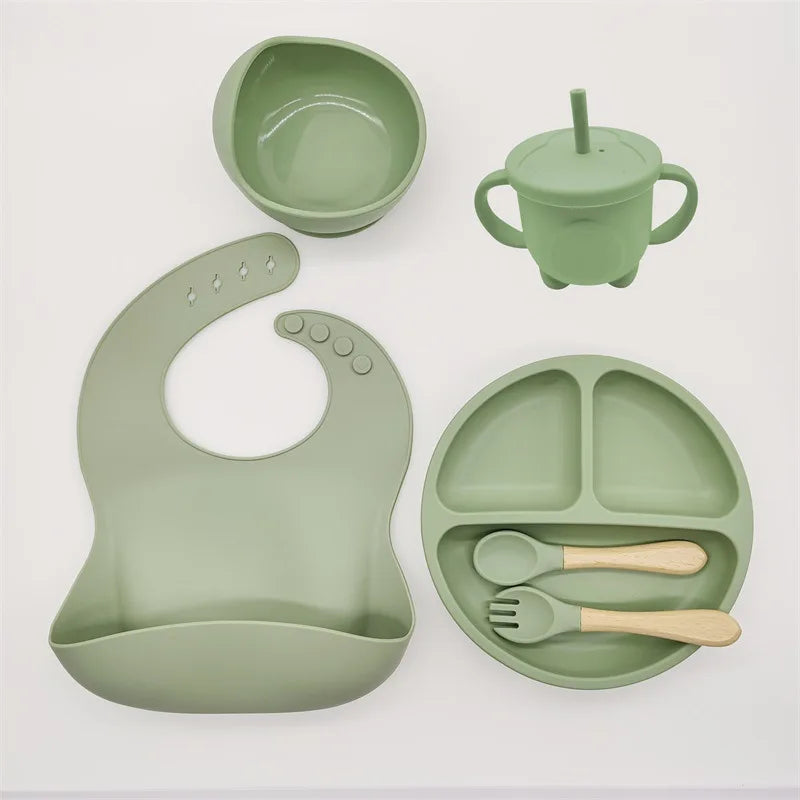 Children's Silicone Tableware Set - 6/8-Piece Dining Essentials with Suction Cups, Forks, Spoons, Bibs, Straws, and Cups for Mothers and Babies