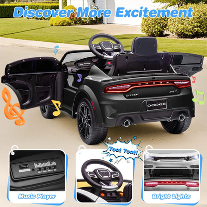 Dodge Licensed 12V Electric Ride-On Car for Kids - Charger SRT Hellcat with Parental Remote Control, Music Player, LED Lights, and Safety Belt, Black
