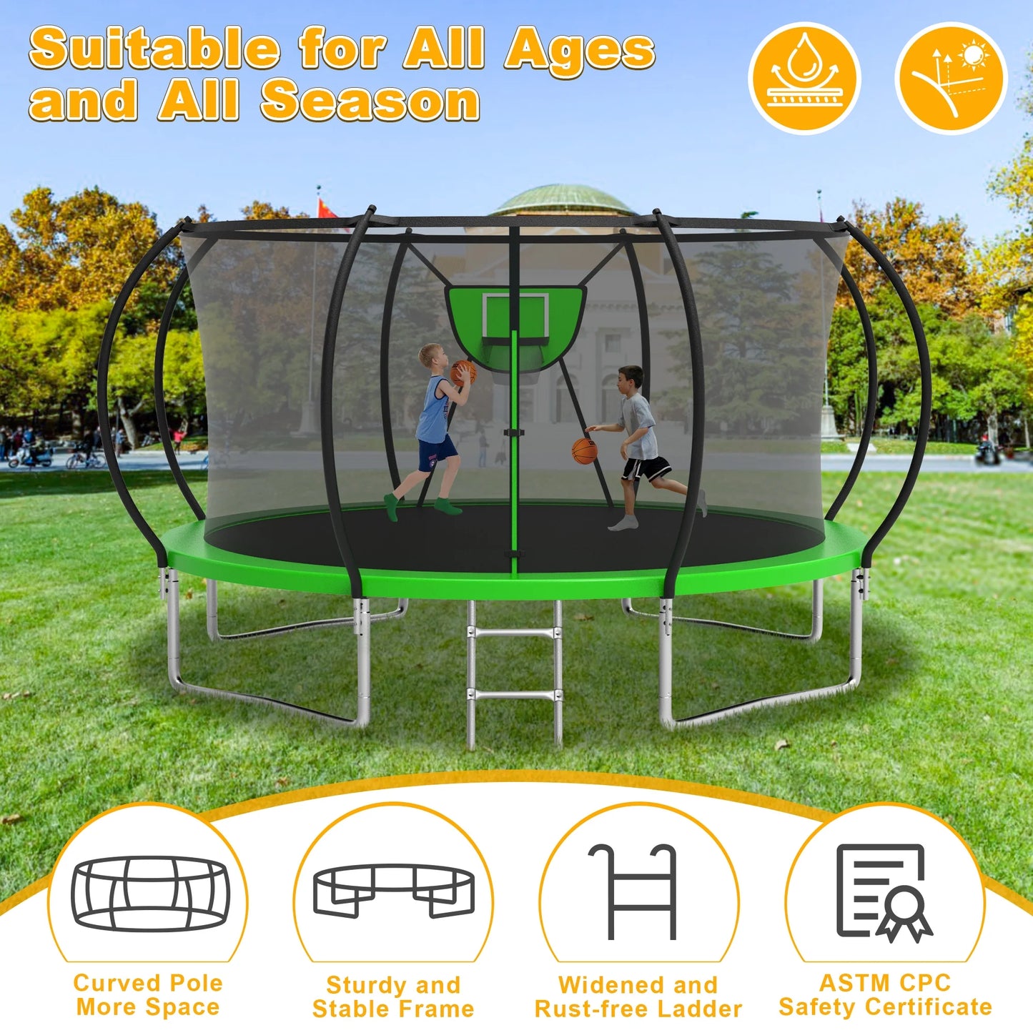 Trampoline, 1200LBS 12FT Trampoline for 1-2 Adults/ 4-5 Kids, Trampoline with Enclosure Net, Basketball Hoop, Ladder, Light, Sprinkler, Backyard Outdoor Heavy Duty Trampoline, No Gap Design