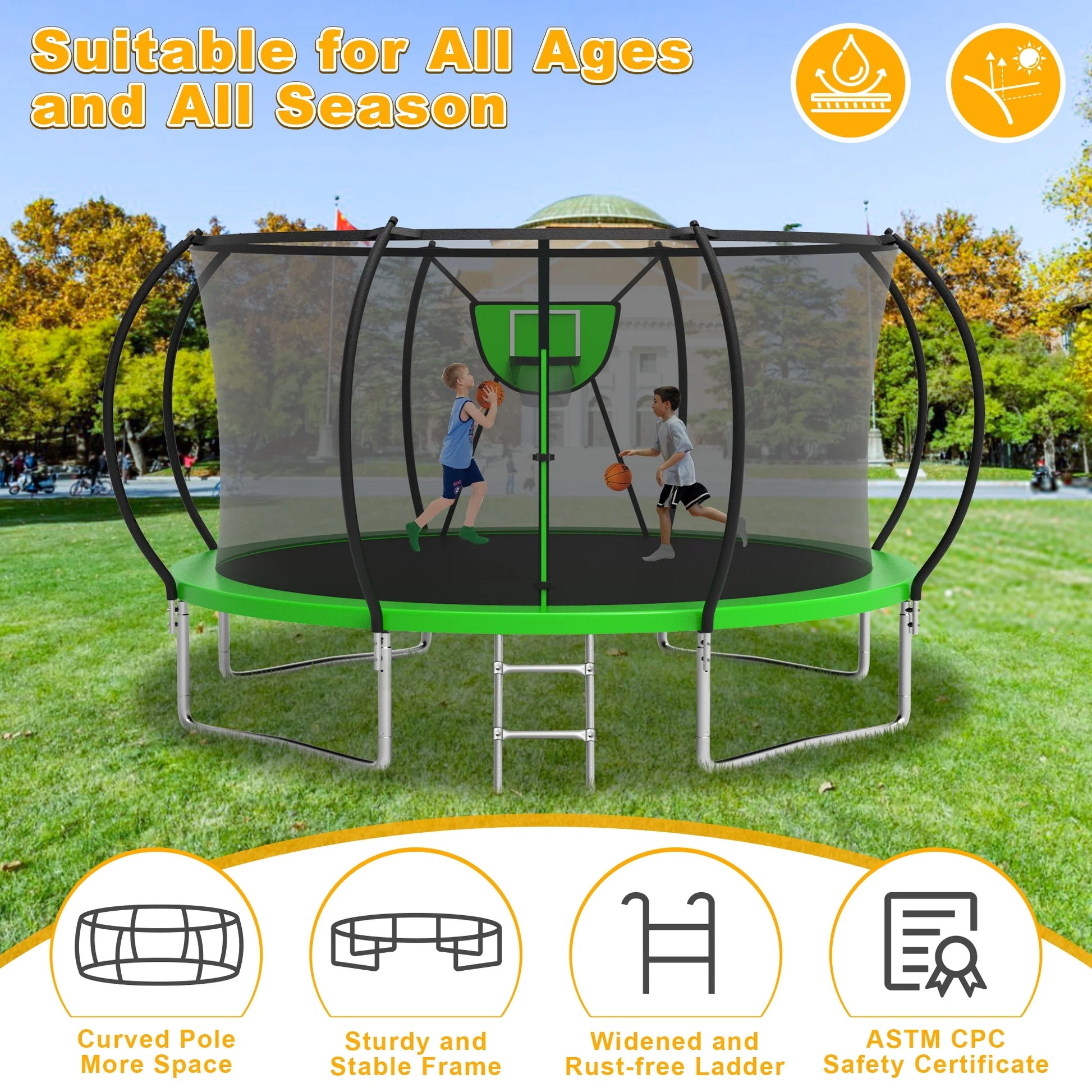 Trampoline, 1200LBS 12FT Trampoline for 1-2 Adults/ 4-5 Kids, Trampoline with Enclosure Net, Basketball Hoop, Ladder, Light, Sprinkler, Backyard Outdoor Heavy Duty Trampoline, No Gap Design